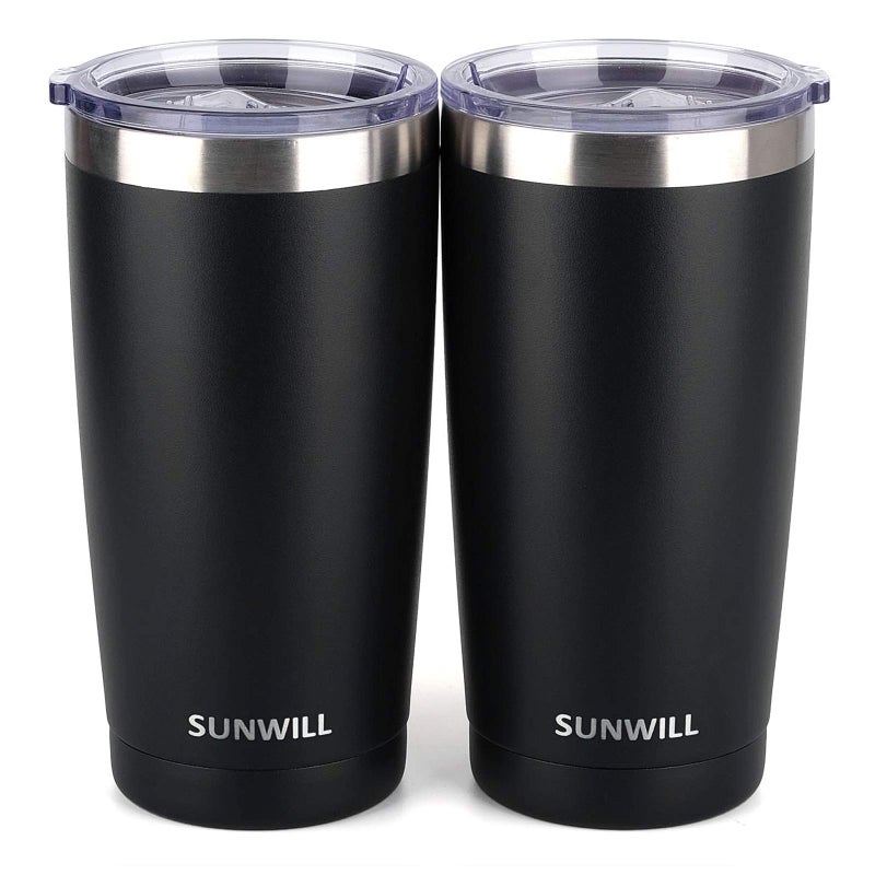 SUNWILL Travel Coffee Mug with Lid, 20 oz Tumbler Set of 2, Insulated Stainless Steel Cup for Water, Tea, Ice, Powder Coated Black 2 pack - Image 1